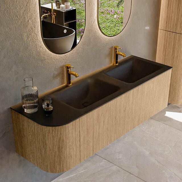 Mondiaz KURVE 145 cm Onderkast Greeploos 1 Lade Met Deuren Oak Wastafel Solid Surface Rechts Urban 2 Kraangaten Zonder Spiegel (KRVCLO145L1L1D2KD-Oak Urb)