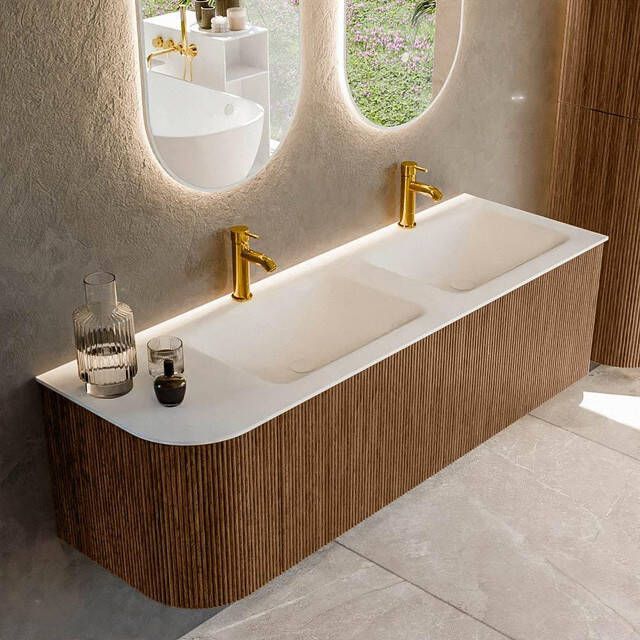 Mondiaz KURVE 145 cm Onderkast Greeploos 1 Lade Met Deuren Walnut Wastafel Solid Surface Rechts Talc 2 Kraangaten Zonder Spiegel (KRVCLO145L1L1D2KD-Wal Tal)