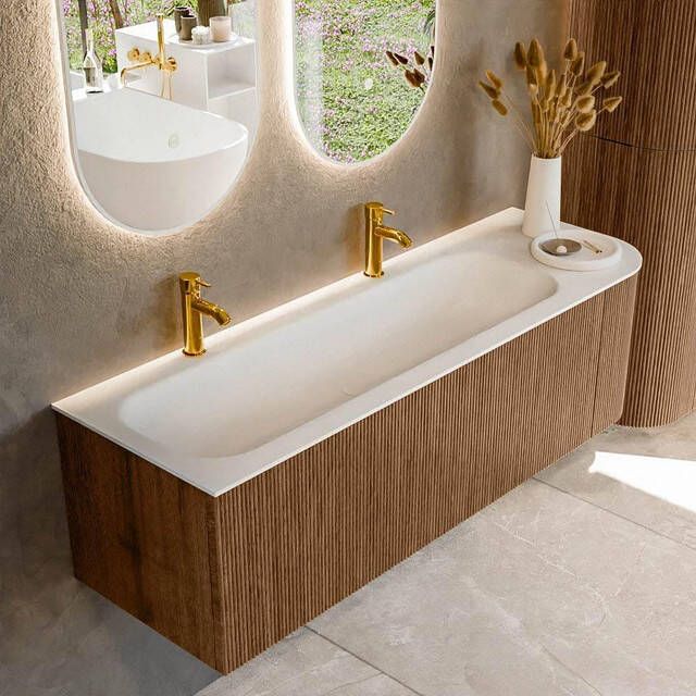 Mondiaz KURVE 145 cm Onderkast Greeploos 1 Lade Met Deuren Walnut Wastafel Solid Surface Links Talc 2 Kraangaten Zonder Spiegel (KRVBGL145R1L1D2KL-Wal Tal)
