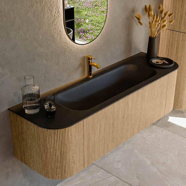 Mondiaz KURVE 150cm badmeubel met module 25 Len R kleur Oak met 1 lade en 2 deuren. Wastafel BIG MEDIUM midden 1 kraangat Urban. KRVBGM150L+R1L2D1KM-Oak Urb