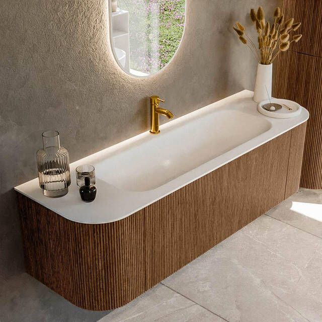 Mondiaz KURVE 150cm badmeubel met module 25 Len R kleur Walnut met 1 lade en 2 deuren. Wastafel BIG MEDIUM midden 1 kraangat Talc. KRVBGM150L+R1L2D1KM-Wal Tal