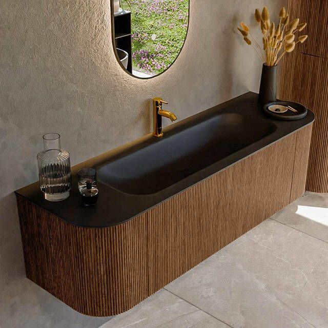 Mondiaz KURVE 150cm badmeubel met module 25 Len R kleur Walnut met 1 lade en 2 deuren. Wastafel BIG MEDIUM midden 1 kraangat Urban. KRVBGM150L+R1L2D1KM-Wal Urb