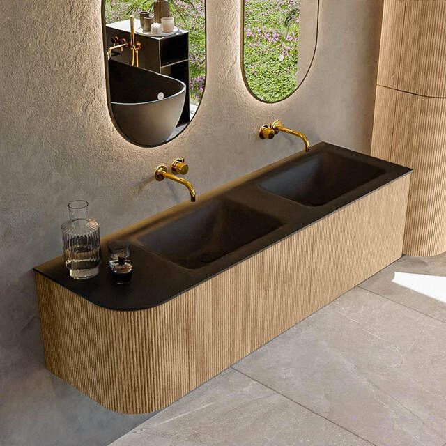 Mondiaz KURVE 155cm badmeubel met module 25 L kleur Oak met 2 lades en 1 deur. Wastafel CLOUD dubbel rechts zonder kraangat Urban. KRVCLO155L2L1D0KD-Oak Urb