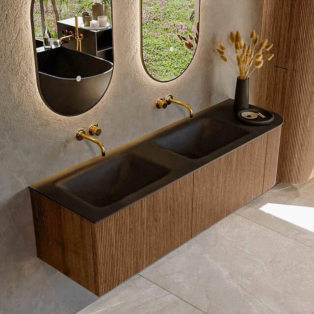 Mondiaz KURVE 155cm badmeubel met module 25 R kleur Walnut met 2 lades en 1 deur. Wastafel CLOUD dubbel links zonder kraangat Urban. KRVCLO155R2L1D0KD-Wal Urb