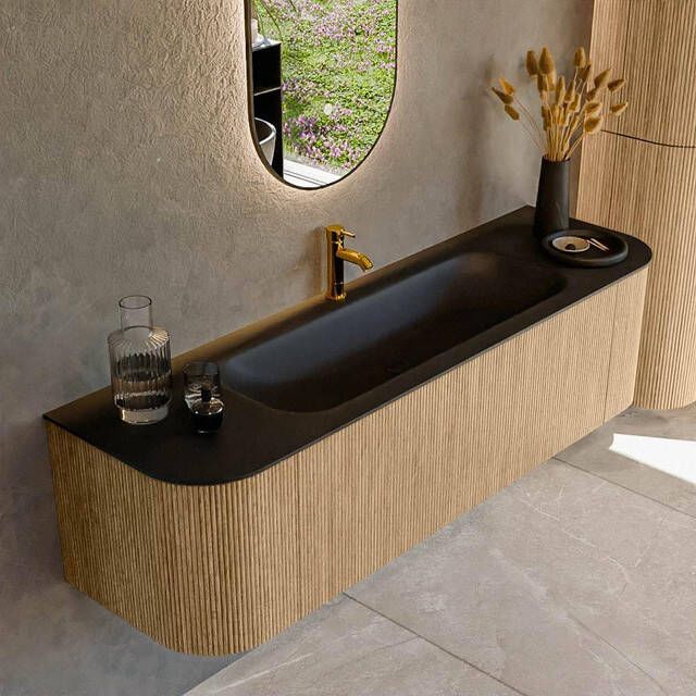 Mondiaz KURVE 160cm badmeubel met module 25 Len R kleur Oak met 1 lade en 2 deuren. Wastafel BIG MEDIUM midden 1 kraangat Urban. KRVBGM160L+R1L2D1KM-Oak Urb