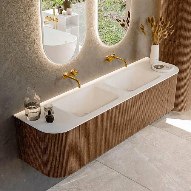 Mondiaz KURVE 170 cm Onderkast Greeploos 1 Lade Met Deuren Walnut Wastafel Solid Surface Dubbel Talc 0 Kraangaten Zonder Spiegel (KRVCLO170L+R1L2D0KD-Wal Tal)
