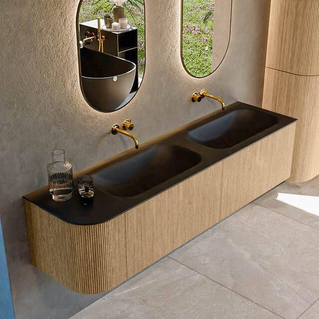 Mondiaz KURVE 175cm badmeubel met module 25 L kleur Oak met 2 lades en 1 deur. Wastafel BIG SMALL dubbel rechts zonder kraangat Urban. KRVBGS175L2L1D0KD-Oak Urb