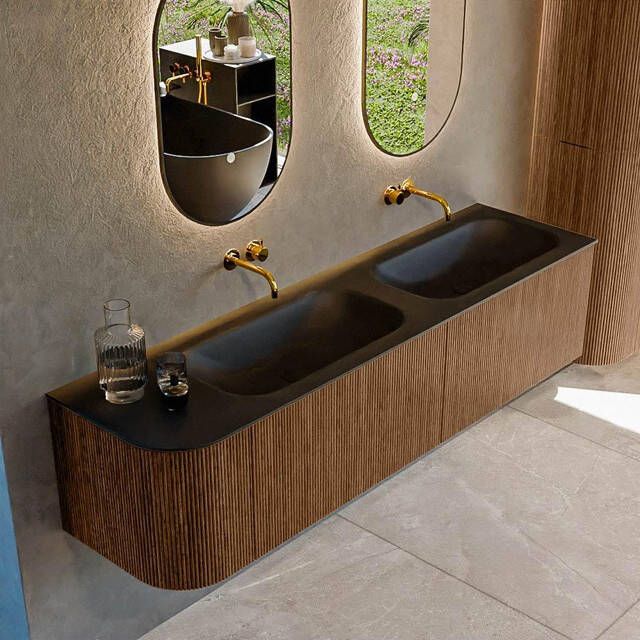 Mondiaz KURVE 175cm badmeubel met module 25 L kleur Walnut met 2 lades en 1 deur. Wastafel BIG SMALL dubbel rechts zonder kraangat Urban. KRVBGS175L2L1D0KD-Wal Urb