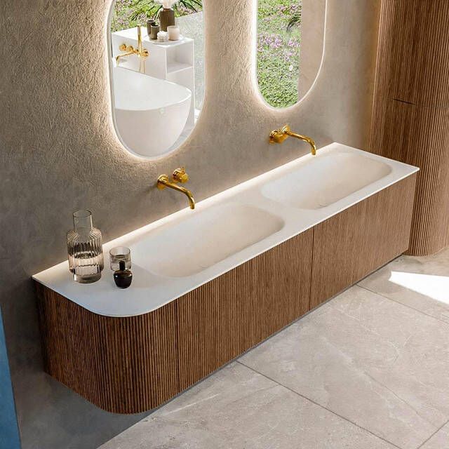 Mondiaz KURVE 175cm badmeubel met module 25 L kleur Walnut met 2 lades en 1 deur. Wastafel BIG SMALL dubbel rechts zonder kraangat Talc. KRVBGS175L2L1D0KD-Wal Tal