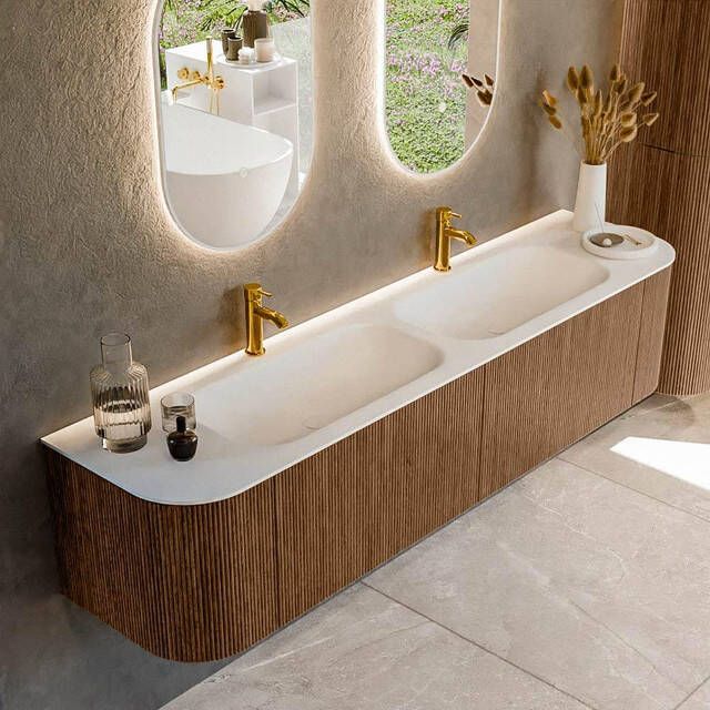 Mondiaz KURVE 190cm badmeubel met module 25 Len R kleur Walnut met 2 lades en 2 deuren. Wastafel BIG SMALL dubbel 2 kraangaten Talc. KRVBGS190L+R2L2D2KD-Wal Tal
