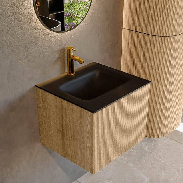 Mondiaz KURVE 50 cm Onderkast Greeploos 1 Lade Zonder Deuren Oak Wastafel Solid Surface Midden Urban 1 Kraangat Zonder Spiegel (KRVGRU501L0D1KM-Oak Urb)