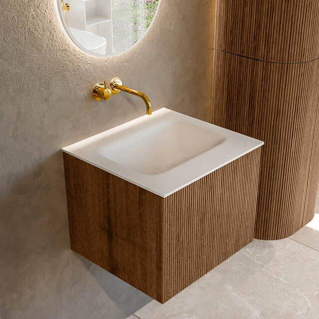 Mondiaz KURVE 50 cm Onderkast Greeploos 1 Lade Zonder Deuren Walnut Wastafel Solid Surface Midden Talc 0 Kraangaten Zonder Spiegel (KRVGRU501L0D0KM-Wal Tal)