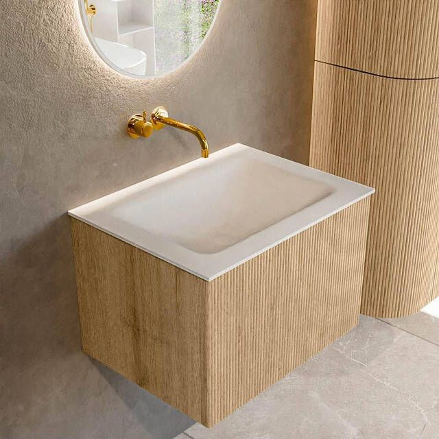 Mondiaz KURVE 60 cm Onderkast Greeploos 1 Lade Zonder Deuren Oak Wastafel Solid Surface Midden Talc 0 Kraangaten Zonder Spiegel (KRVCLO601L0D0KM-Oak Tal)