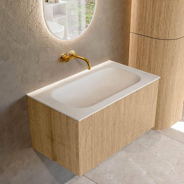 Mondiaz KURVE 80 cm Onderkast Greeploos 1 Lade Zonder Deuren Oak Wastafel Solid Surface Volledig Talc 0 Kraangaten Zonder Spiegel (KRVBGS801L0D0KM-Oak Tal)