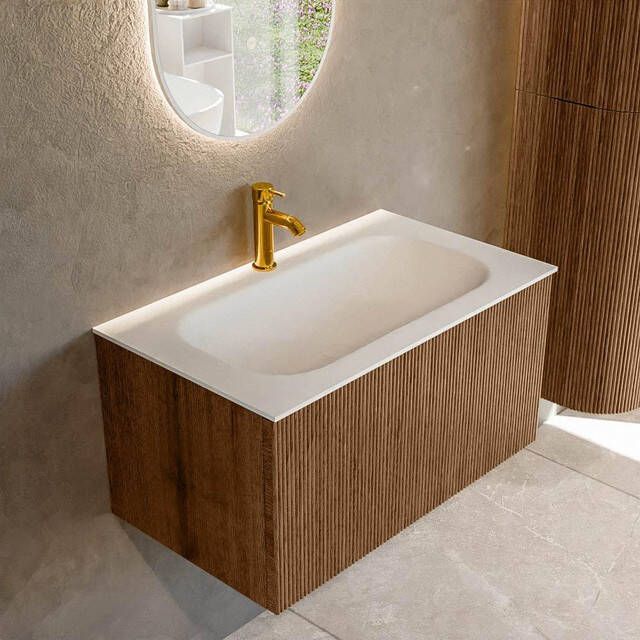 Mondiaz KURVE 80 cm Onderkast Greeploos 1 Lade Zonder Deuren Walnut Wastafel Solid Surface Volledig Talc 1 Kraangat Zonder Spiegel (KRVBGS801L0D1KM-Wal Tal)