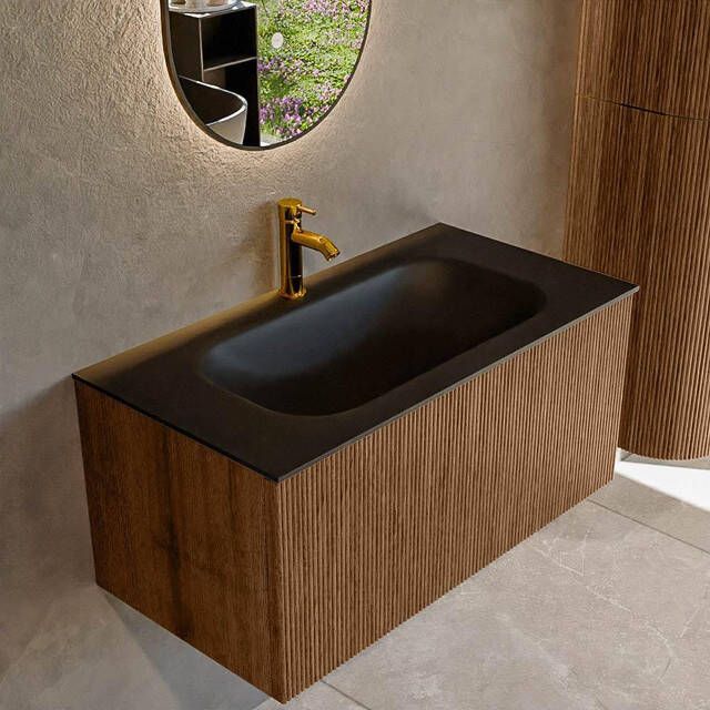 Mondiaz KURVE 90 cm Onderkast Greeploos 1 Lade Zonder Deuren Walnut Wastafel Solid Surface Midden Urban 1 Kraangat Zonder Spiegel (KRVBGS901L0D1KM-Wal Urb)