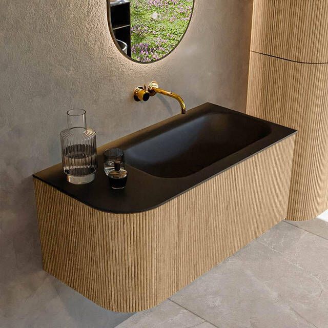 Mondiaz KURVE 95 cm Onderkast Greeploos 1 Lade Met Deuren Oak Wastafel Solid Surface Rechts Urban 0 Kraangaten Zonder Spiegel (KRVBGS95L1L1D0KR-Oak Urb)
