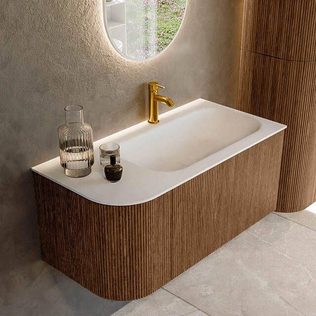 Mondiaz KURVE 95 cm Onderkast Greeploos 1 Lade Met Deuren Walnut Wastafel Solid Surface Rechts Talc 1 Kraangat Zonder Spiegel (KRVBGS95L1L1D1KR-Wal Tal)