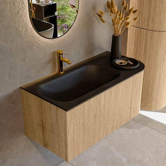 Mondiaz KURVE 95 cm Onderkast Greeploos 1 Lade Met Deuren Oak Wastafel Solid Surface Links Urban 1 Kraangat Zonder Spiegel (KRVBGS95R1L1D1KL-Oak Urb)