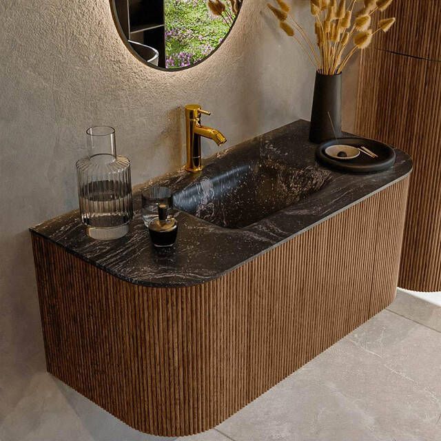 Mondiaz KURVE-DLUX 100cm badmeubel met module 25 Len R kleur Walnut met 1 lade en 2 deuren. Wastafel GRUNNE midden 1 kraangat kleur Lava. KRVGRU100L+R1L2D1KM-Wal Lav
