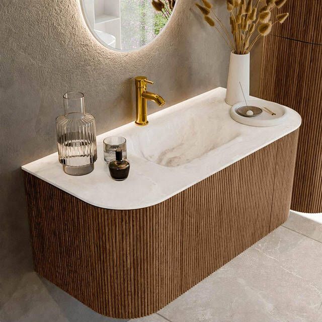 Mondiaz KURVE-DLUX 100cm badmeubel met module 25 Len R kleur Walnut met 1 lade en 2 deuren. Wastafel GRUNNE midden 1 kraangat kleur Frappe. KRVGRU100L+R1L2D1KM-Wal Fra