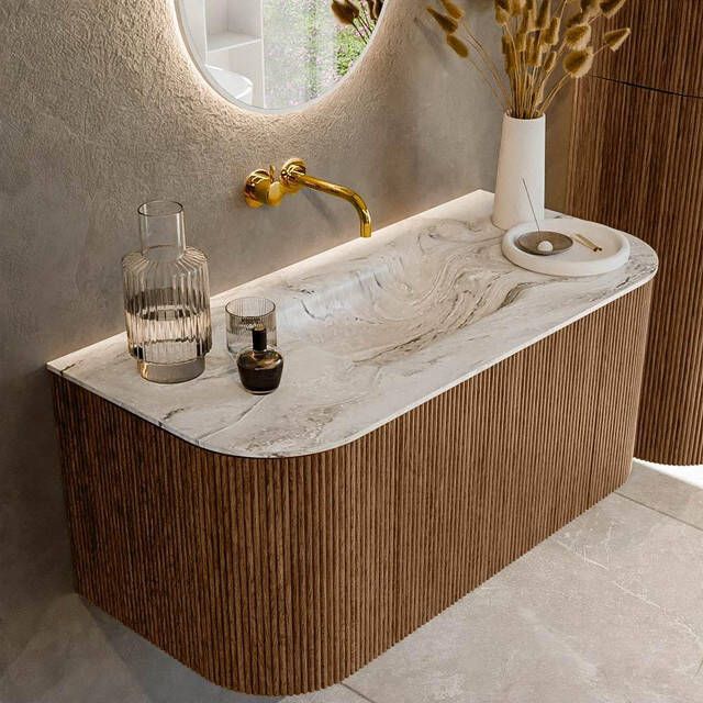 Mondiaz KURVE-DLUX 100cm badmeubel met module 25 Len R kleur Walnut met 1 lade en 2 deuren. Wastafel GRUNNE midden zonder kraangat kleur Glace. KRVGRU100L+R1L2D0KM-Wal Gla