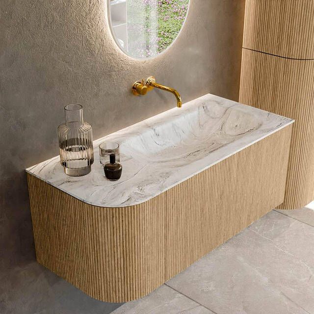 Mondiaz KURVE-DLUX 105cm badmeubel met module 25 L kleur Oak met 1 lade en 1 deur. Wastafel BIG SMALL rechts zonder kraangat kleur Glace. KRVBGS105L1L1D0KR-Oak Gla