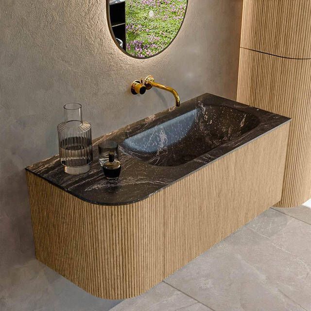 Mondiaz KURVE-DLUX 105cm badmeubel met module 25 L kleur Oak met 1 lade en 1 deur. Wastafel BIG SMALL rechts zonder kraangat kleur Lava. KRVBGS105L1L1D0KR-Oak Lav