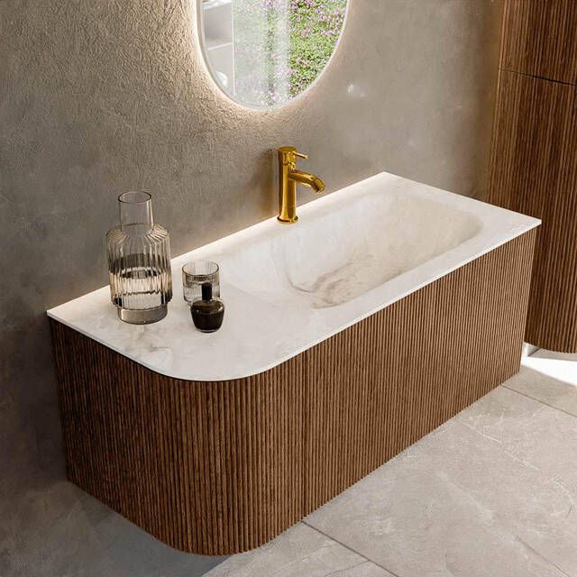 Mondiaz KURVE-DLUX 105cm badmeubel met module 25 L kleur Walnut met 1 lade en 1 deur. Wastafel BIG SMALL rechts 1 kraangat kleur Frappe. KRVBGS105L1L1D1KR-Wal Fra