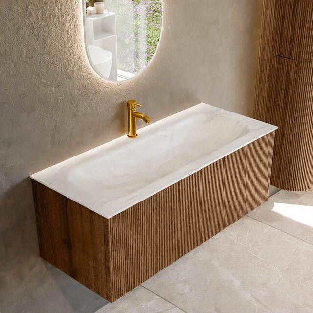 Mondiaz KURVE-DLUX 110 cm Onderkast Greeploos 1 Lade Zonder Deuren Walnut Wastafel Solid Surface Volledig Ostra 1 Kraangat Zonder Spiegel (KRVBGM1101L0D1KM-Wal Ost)
