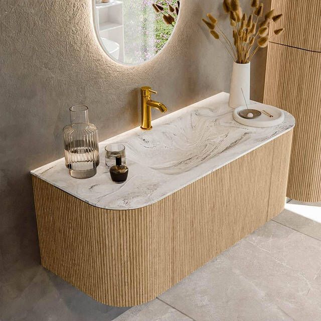 Mondiaz KURVE-DLUX 110cm badmeubel met module 25 Len R kleur Oak met 1 lade en 2 deuren. Wastafel CLOUD midden 1 kraangat kleur Glace. KRVCLO110L+R1L2D1KM-Oak Gla