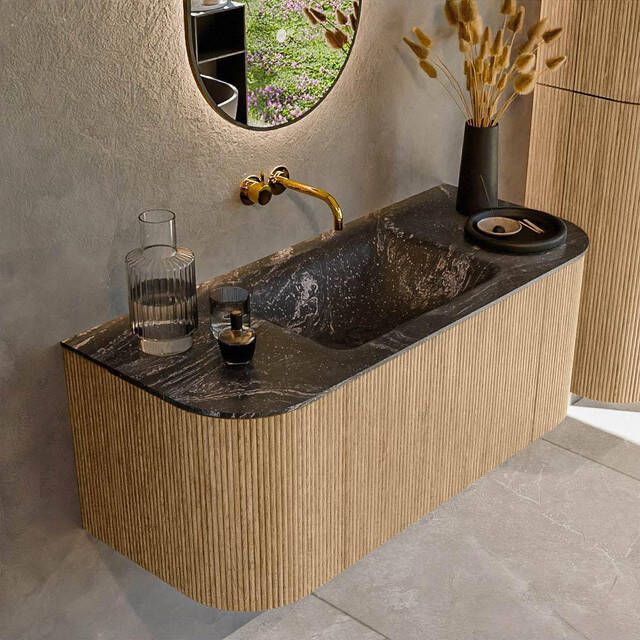 Mondiaz KURVE-DLUX 110cm badmeubel met module 25 Len R kleur Oak met 1 lade en 2 deuren. Wastafel CLOUD midden zonder kraangat kleur Lava. KRVCLO110L+R1L2D0KM-Oak Lav