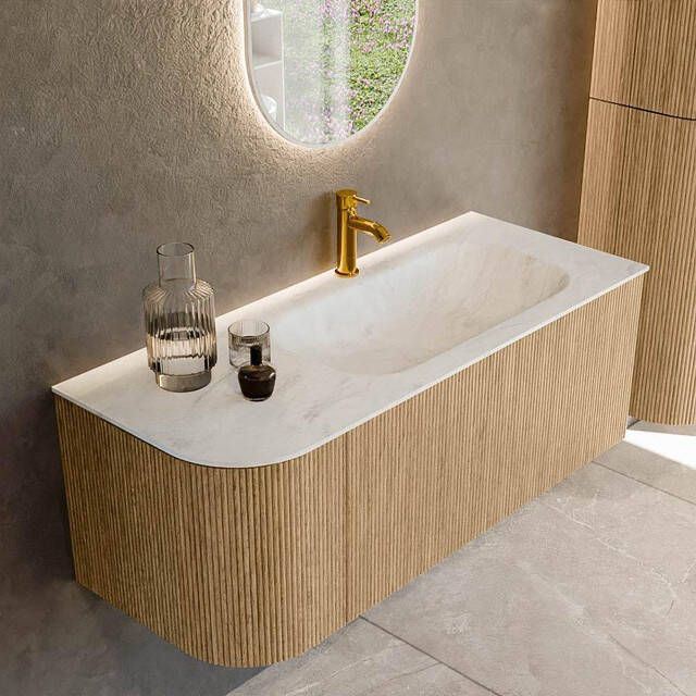 Mondiaz KURVE-DLUX 115cm badmeubel met module 25 L kleur Oak met 1 lade en 1 deur. Wastafel BIG SMALL rechts 1 kraangat kleur Opalo. KRVBGS115L1L1D1KR-Oak Opa