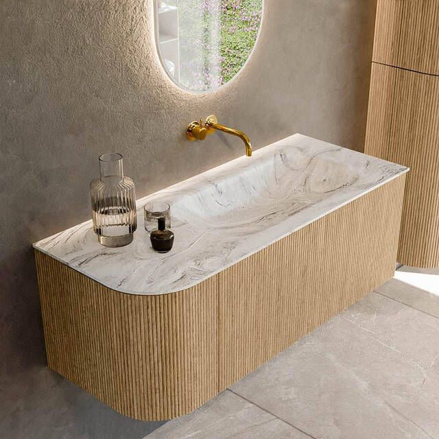 Mondiaz KURVE-DLUX 115cm badmeubel met module 25 L kleur Oak met 1 lade en 1 deur. Wastafel BIG SMALL rechts zonder kraangat kleur Glace. KRVBGS115L1L1D0KR-Oak Gla
