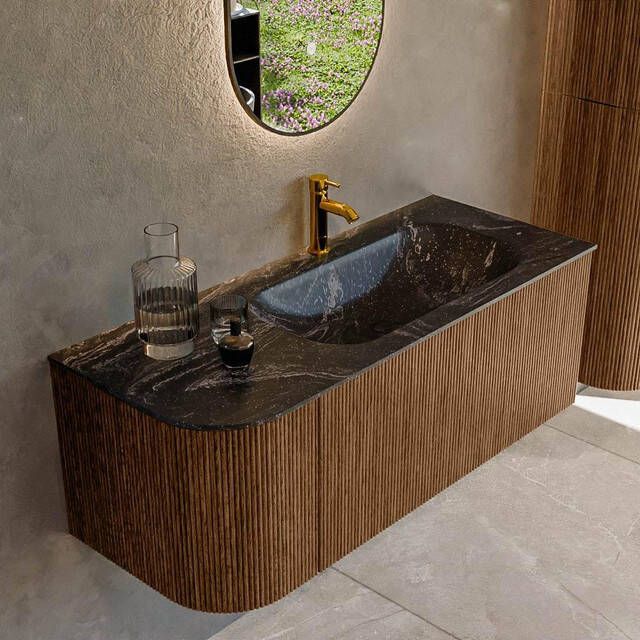 Mondiaz KURVE-DLUX 115cm badmeubel met module 25 L kleur Walnut met 1 lade en 1 deur. Wastafel BIG SMALL rechts 1 kraangat kleur Lava. KRVBGS115L1L1D1KR-Wal Lav