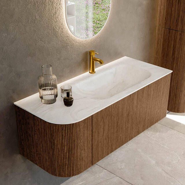 Mondiaz KURVE-DLUX 115cm badmeubel met module 25 L kleur Walnut met 1 lade en 1 deur. Wastafel BIG SMALL rechts 1 kraangat kleur Ostra. KRVBGS115L1L1D1KR-Wal Ost