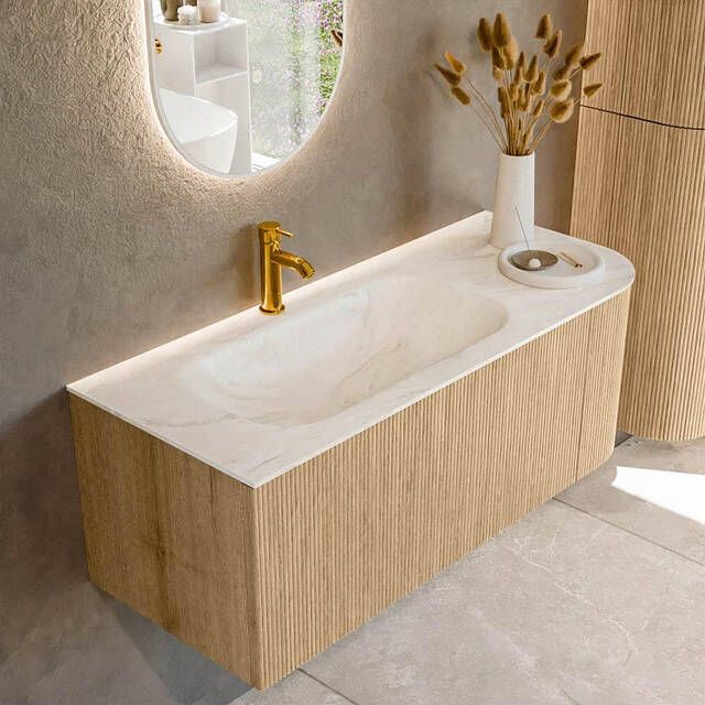 Mondiaz KURVE-DLUX 115cm badmeubel met module 25 R kleur Oak met 1 lade en 1 deur. Wastafel BIG SMALL links 1 kraangat kleur Ostra. KRVBGS115R1L1D1KL-Oak Ost