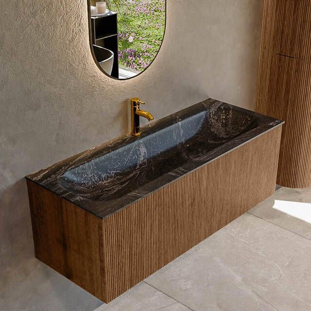 Mondiaz KURVE-DLUX 120 cm Onderkast Greeploos 1 Lade Zonder Deuren Walnut Wastafel Solid Surface Volledig Lava 1 Kraangat Zonder Spiegel (KRVBGL1201L0D1KM-Wal Lav)