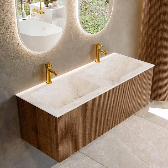 Mondiaz KURVE-DLUX 120 cm Onderkast Greeploos 1 Lade Zonder Deuren Walnut Wastafel Solid Surface Dubbel Frappe 2 Kraangaten Zonder Spiegel (KRVLEA1201L0D2KD-Wal Fra)
