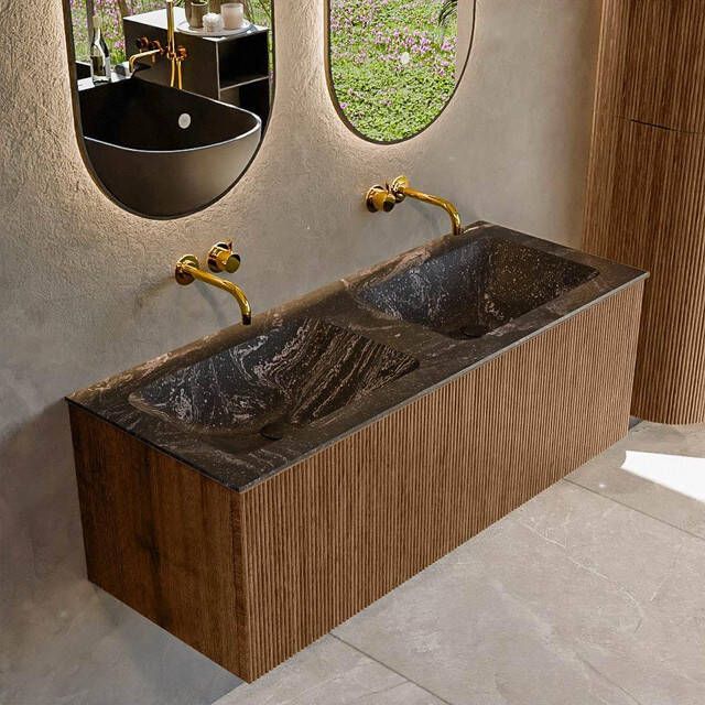 Mondiaz KURVE-DLUX 120 cm Onderkast Greeploos 1 Lade Zonder Deuren Walnut Wastafel Solid Surface Dubbel Lava 0 Kraangaten Zonder Spiegel (KRVLEA1201L0D0KD-Wal Lav)