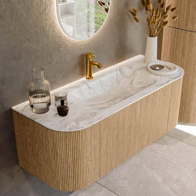 Mondiaz KURVE-DLUX 120cm badmeubel met module 25 Len R kleur Oak met 1 lade en 2 deuren. Wastafel BIG SMALL midden 1 kraangat kleur Glace. KRVBGS120L+R1L2D1KM-Oak Gla
