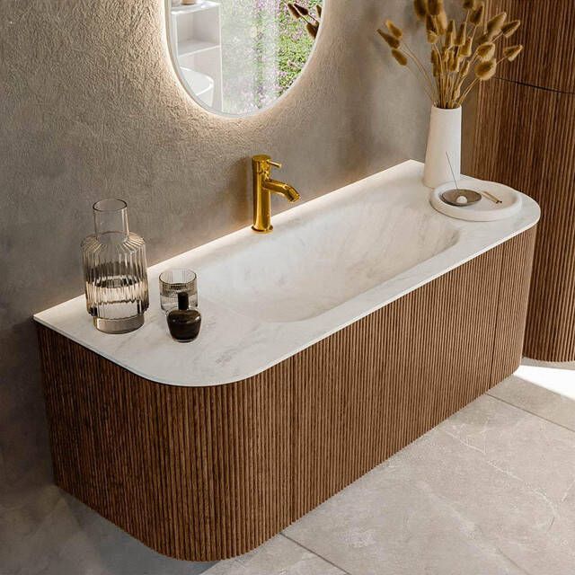 Mondiaz KURVE-DLUX 120cm badmeubel met module 25 Len R kleur Walnut met 1 lade en 2 deuren. Wastafel BIG SMALL midden 1 kraangat kleur Opalo. KRVBGS120L+R1L2D1KM-Wal Opa