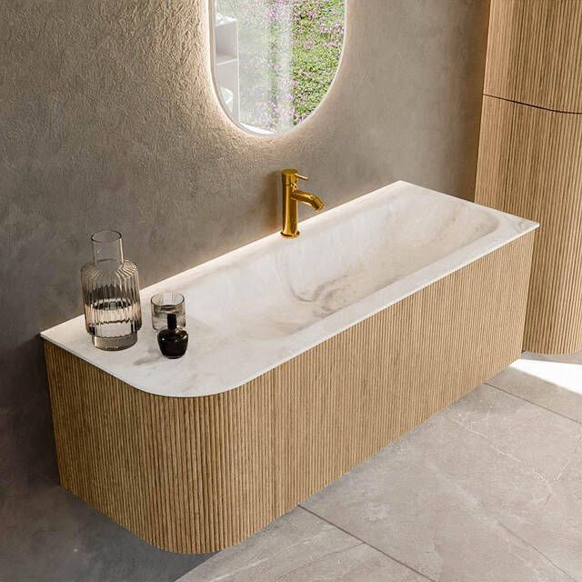 Mondiaz KURVE-DLUX 125cm badmeubel met module 25 L kleur Oak met 1 lade en 1 deur. Wastafel BIG MEDIUM rechts 1 kraangat kleur Frappe. KRVBGM125L1L1D1KR-Oak Fra