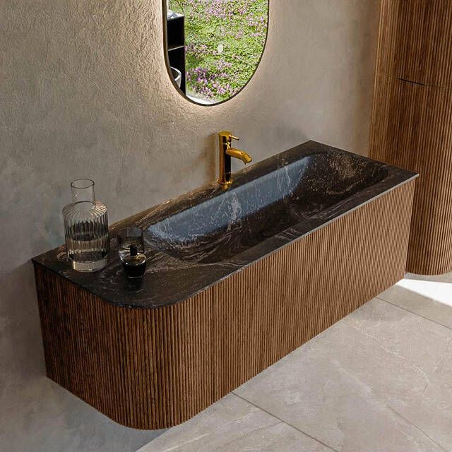 Mondiaz KURVE-DLUX 125cm badmeubel met module 25 L kleur Walnut met 1 lade en 1 deur. Wastafel BIG MEDIUM rechts 1 kraangat kleur Lava. KRVBGM125L1L1D1KR-Wal Lav