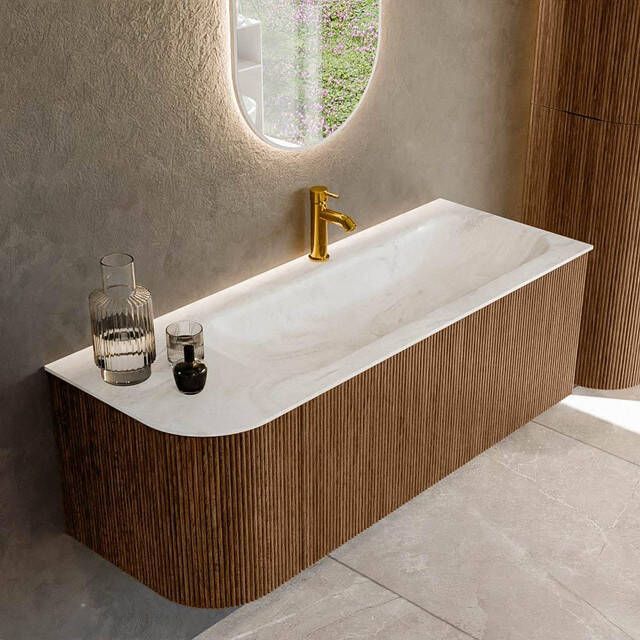 Mondiaz KURVE-DLUX 125cm badmeubel met module 25 L kleur Walnut met 1 lade en 1 deur. Wastafel BIG MEDIUM rechts 1 kraangat kleur Ostra. KRVBGM125L1L1D1KR-Wal Ost