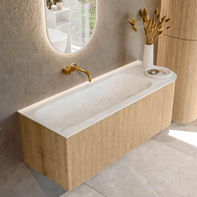 Mondiaz KURVE-DLUX 125cm badmeubel met module 25 R kleur Oak met 1 lade en 1 deur. Wastafel BIG MEDIUM links zonder kraangat kleur Opalo. KRVBGM125R1L1D0KL-Oak Opa