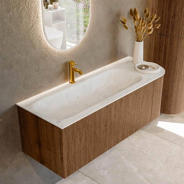 Mondiaz KURVE-DLUX 125cm badmeubel met module 25 R kleur Walnut met 1 lade en 1 deur. Wastafel BIG MEDIUM links 1 kraangat kleur Opalo. KRVBGM125R1L1D1KL-Wal Opa