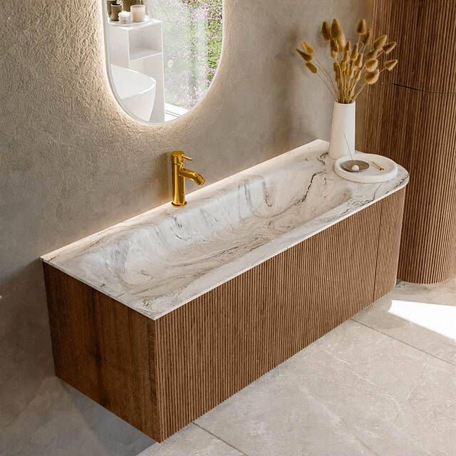Mondiaz KURVE-DLUX 125cm badmeubel met module 25 R kleur Walnut met 1 lade en 1 deur. Wastafel BIG MEDIUM links 1 kraangat kleur Glace. KRVBGM125R1L1D1KL-Wal Gla