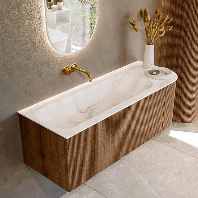 Mondiaz KURVE-DLUX 125cm badmeubel met module 25 R kleur Walnut met 1 lade en 1 deur. Wastafel BIG MEDIUM links zonder kraangat kleur Frappe. KRVBGM125R1L1D0KL-Wal Fra
