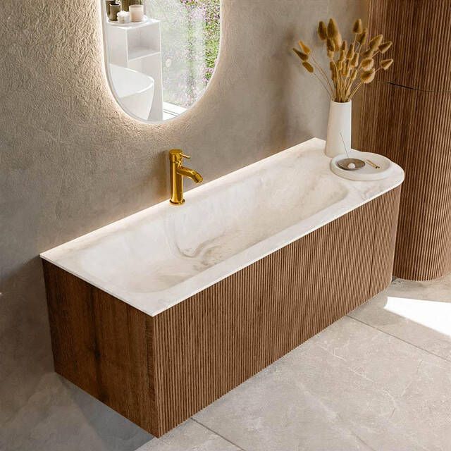 Mondiaz KURVE-DLUX 125cm badmeubel met module 25 R kleur Walnut met 1 lade en 1 deur. Wastafel BIG MEDIUM links 1 kraangat kleur Frappe. KRVBGM125R1L1D1KL-Wal Fra